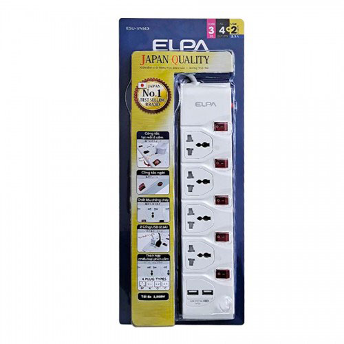 Ổ cắm điện ELPA ESU-VNI43 (4 ổ cắm điện với công tắc On/Off riêng/ 2 cổng usb sạc)