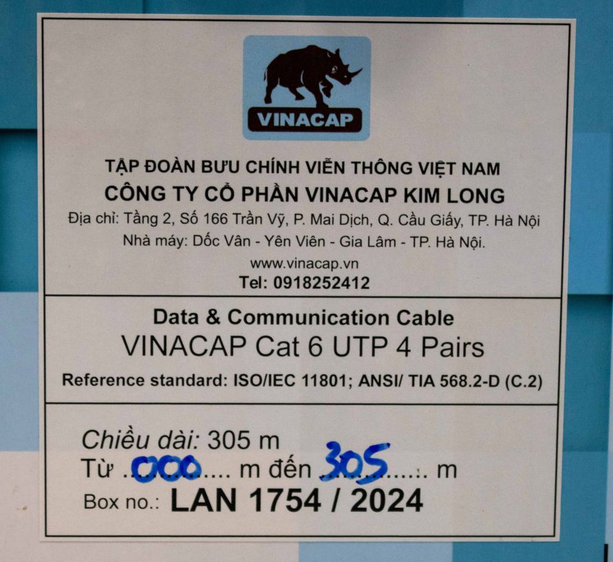 Dây cáp mạng Lan Vinacap Cat6 UTP (4 cặp, 8 lõi đồng,Cuộn 306m)