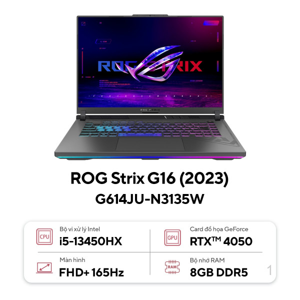 Laptop Asus ROG Strix G16 G614JU-N3135W (Intel® Core™ i5-13450HX |RTX 4050 6GB | 8GB | 512GB | 16 inch FHD+ | Win 11 | Xám)