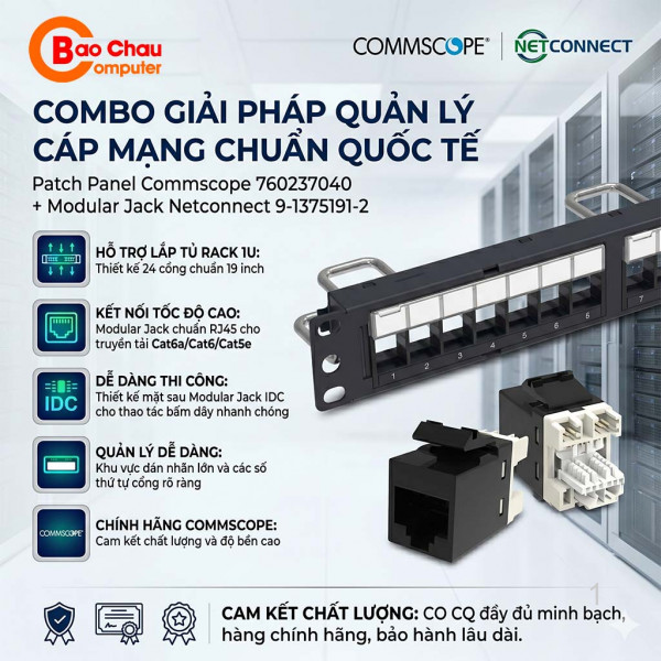 Patch Panel Kèm Nhân Commscope 760237040 + 9-1375191-2  (24 Port - 1U)