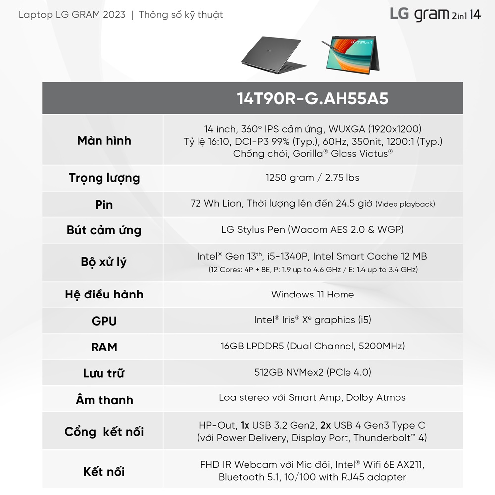 Laptop LG Gram 2023 14T90R-G.AH55A5 (Intel Core i5-1340P | 16GB | 512GB | Intel Iris Xe | 14-inch WUXGA | Cảm ứng | Win 11 | Đen)