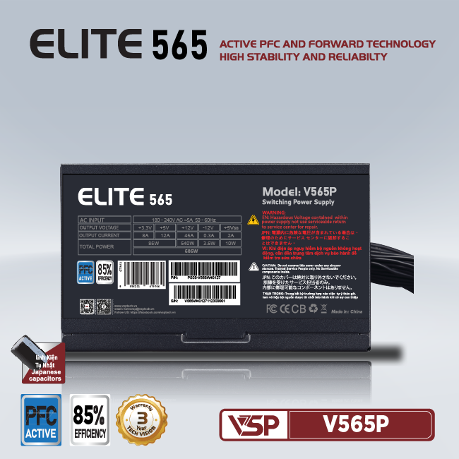 Nguồn máy tính công suất thực VSP ELITE ACTIVE PFC V565P