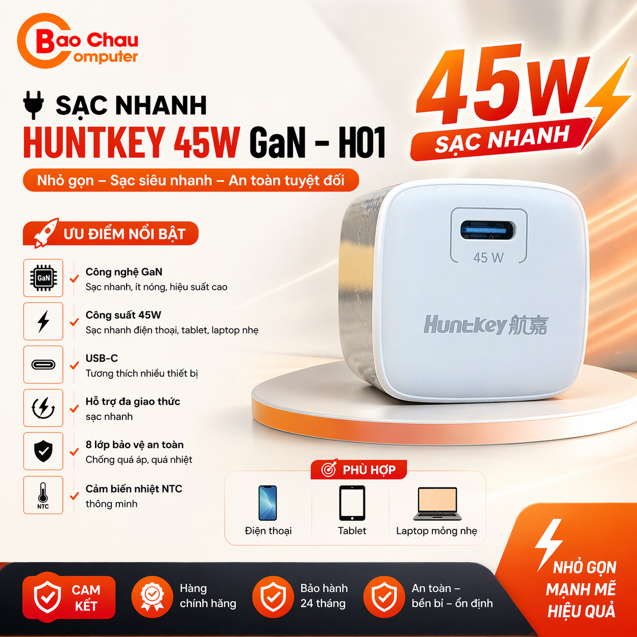 SẠC NHANH HUNTKEY 45W GaN – H01